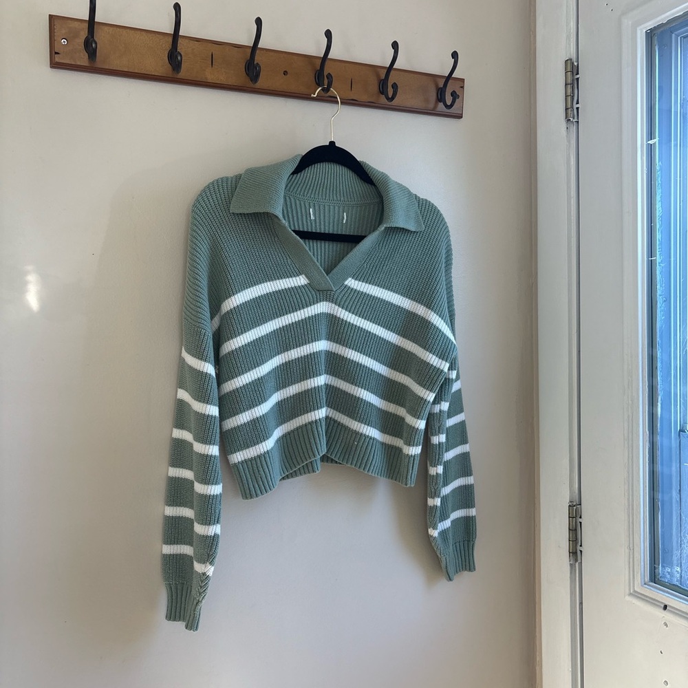 Striped Green and White V-Neck Collared Sweater